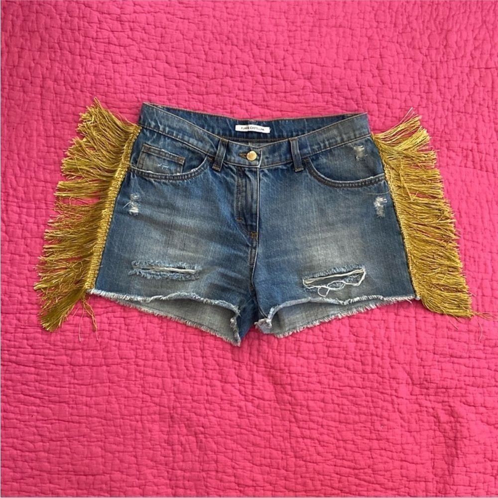 Flavio Castellani Blue Jean Shorts with Fringe Detailing, US4